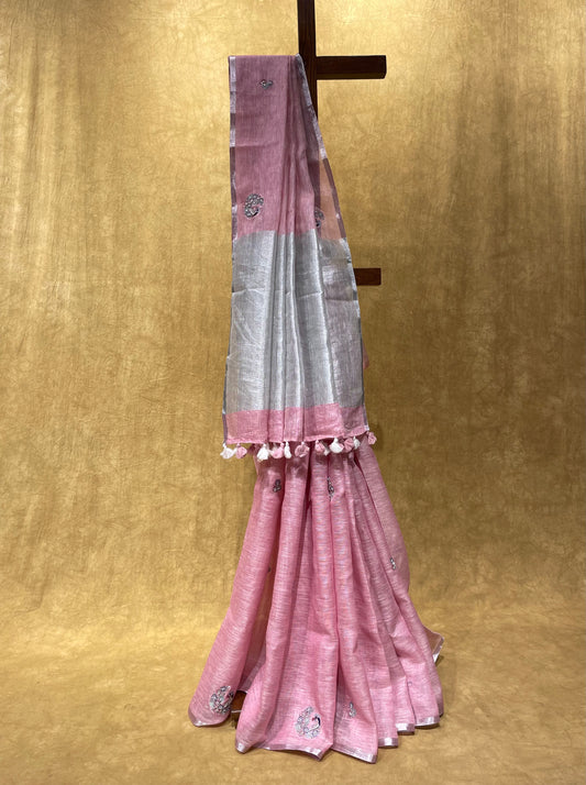 PINK LINEN SAREE WITH HAND EMBROIDERY WORK