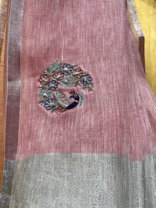 PINK LINEN SAREE WITH HAND EMBROIDERY WORK