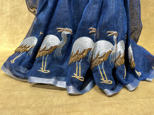 BLUE COLOUR LINEN SAREE WITH HAND EMBROIDERY WORK
