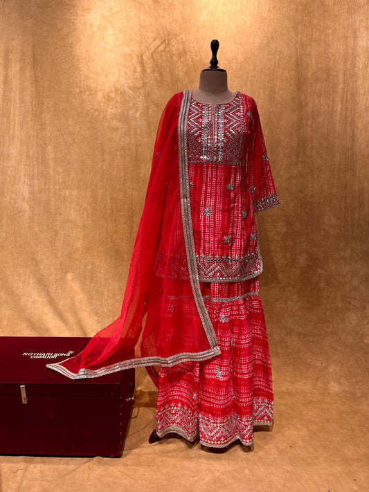 RED COLOUR SHARARA SUIT WITH MIRROR FOIL WORK FOR WEDDING