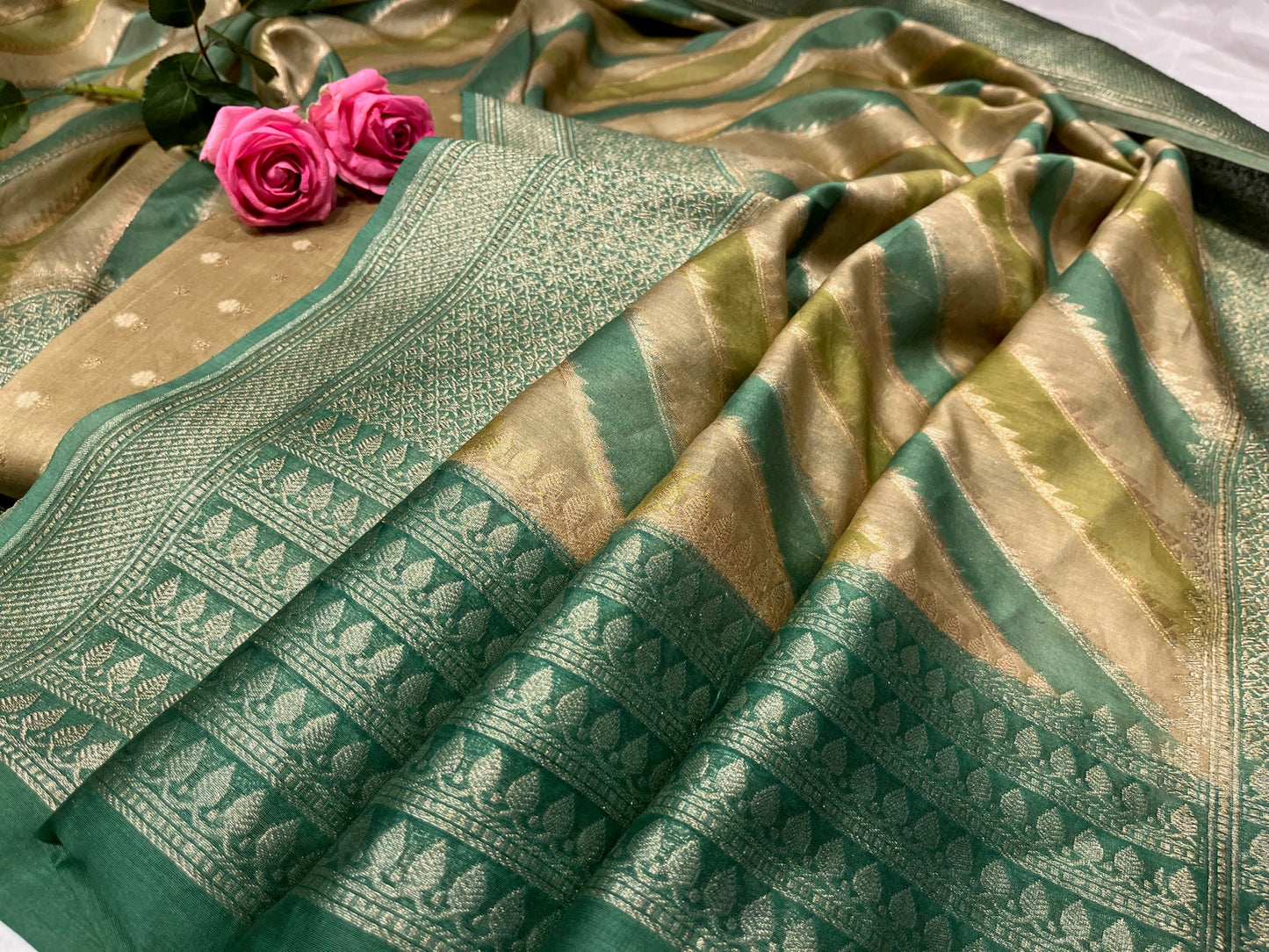 (DELIVERY IN 30 DAYS) OLIVE COLOUR CHANDERI UNSTITCHED SUIT EMBELLISHED WITH ZARI WEAVES