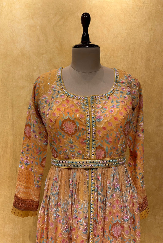YELLOW COLOUR FRONT OPENING GEORGETTE EMBROIDERED SUIT EMBELLISHED WITH MIRROR & RESHAM WORK