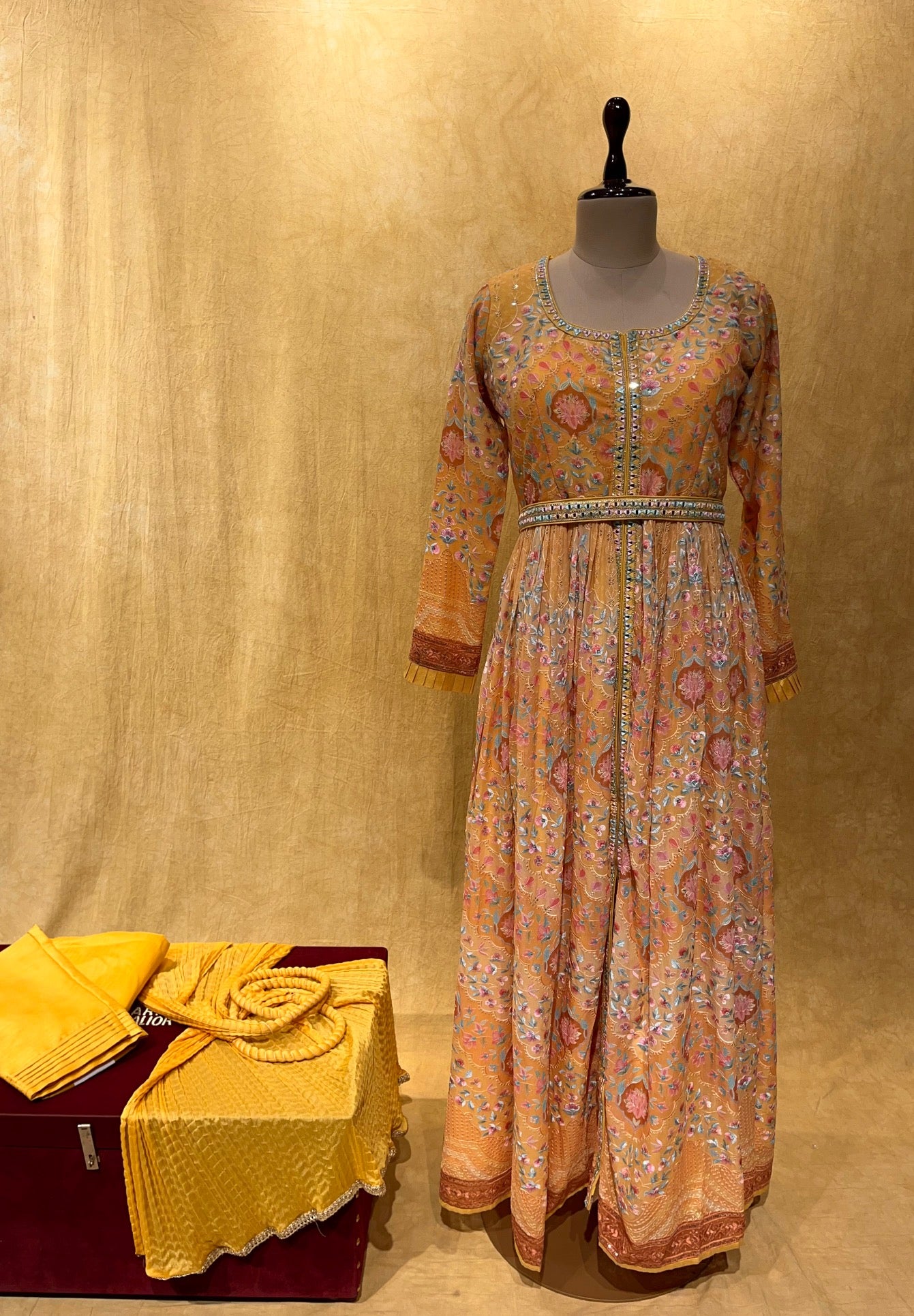 YELLOW COLOUR FRONT OPENING GEORGETTE EMBROIDERED SUIT EMBELLISHED WITH MIRROR & RESHAM WORK