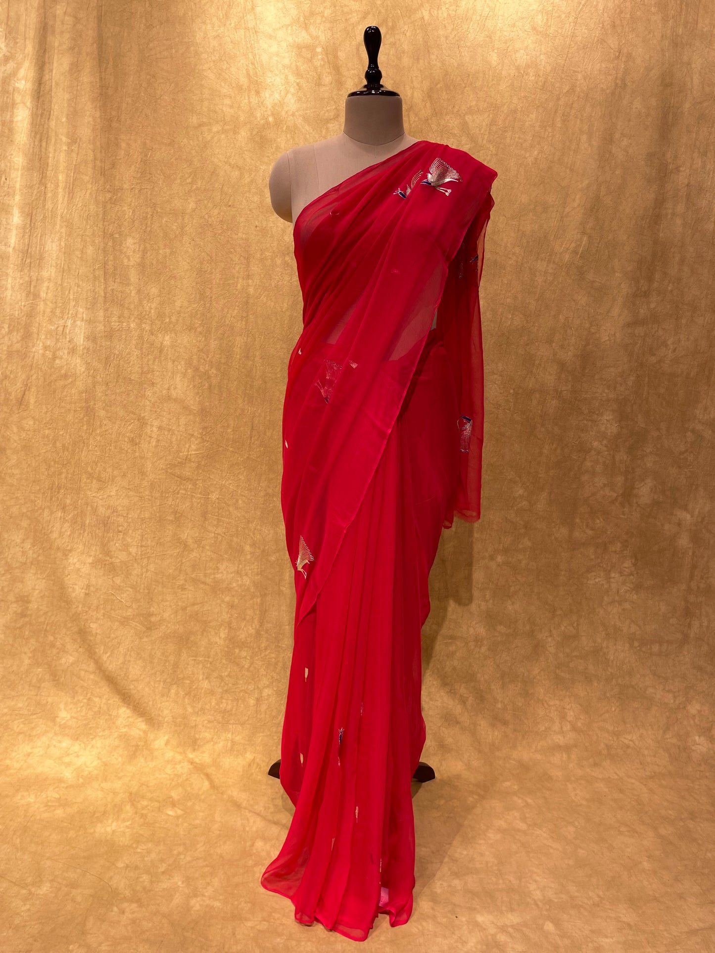 RED CHIFFON SAREE WITH HAND EMBROIDERED PEACOCK MOTIFS