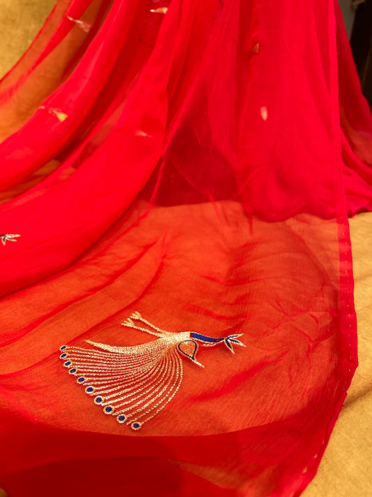 RED CHIFFON SAREE WITH HAND EMBROIDERED PEACOCK MOTIFS