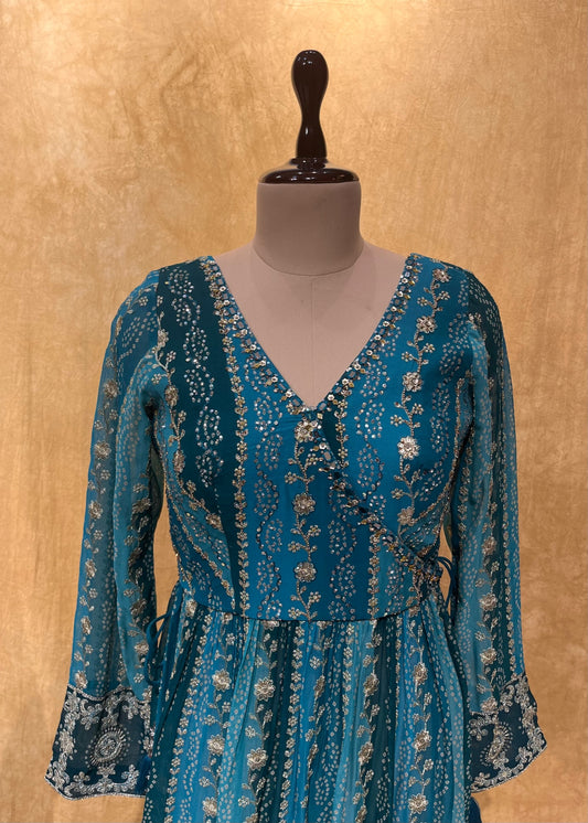 (DELIVERY IN 25 DAYS) TEAL BLUE COLOUR ANGRAKHA STYLE KURTA WITH PALAZZO SUIT EMBELLISHED WITH SEQUINS & MIRROR WORK
