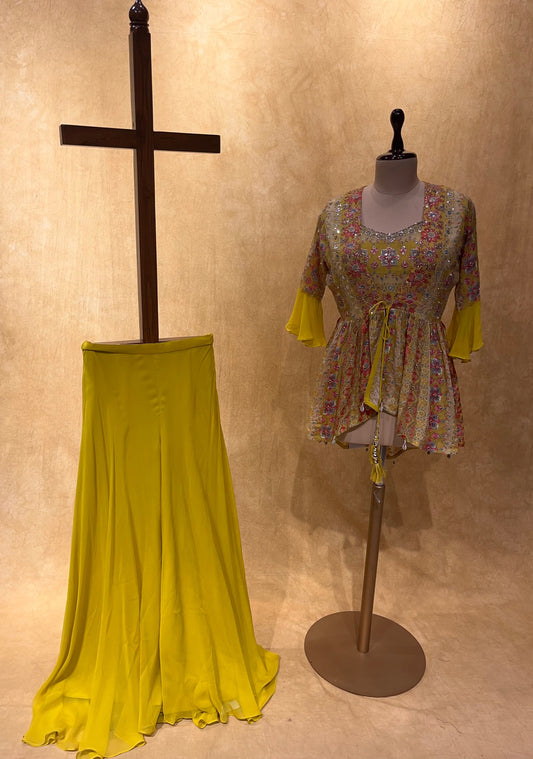 (DELIVERY IN 25 DAYS) LEMON GREEN COLOUR INDO-WESTERN DRESS EMBELLISHED WITH SEQUINS WORK
