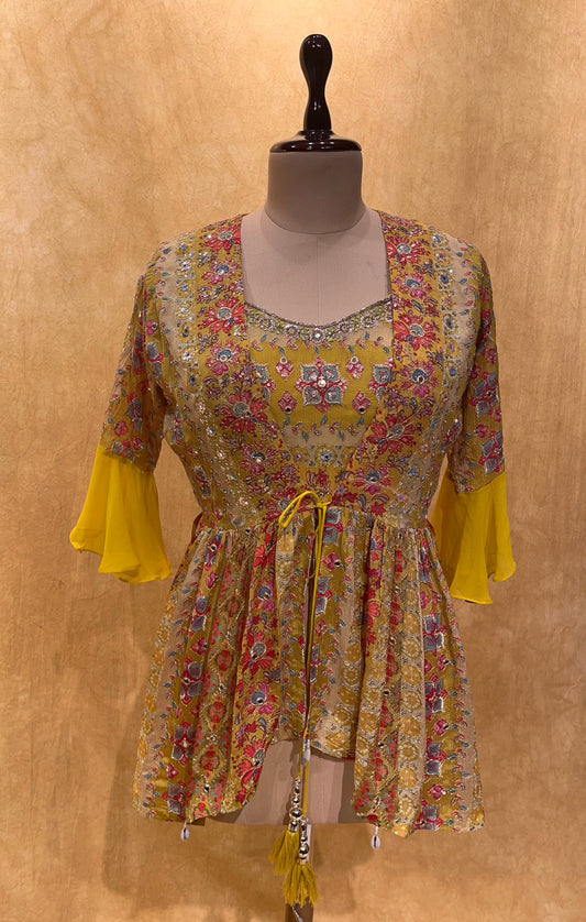 (DELIVERY IN 25 DAYS) LEMON GREEN COLOUR INDO-WESTERN DRESS EMBELLISHED WITH SEQUINS WORK