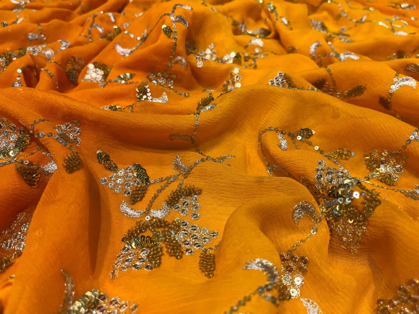YELLOW COLOUR PURE CHIFFON SHADED SAREE EMBELLISHED WITH SEQUINS WORK