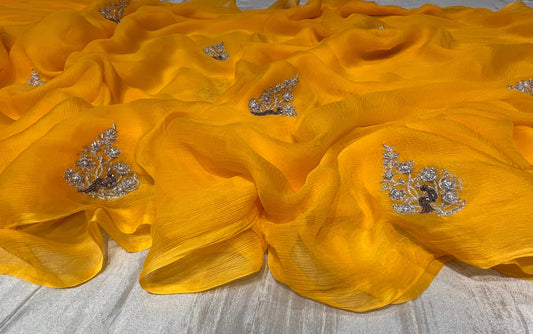 YELLOW COLOUR PURE CHIFFON SAREE EMBELLISHED WITH SEQUINS & ZARDOZI WORK