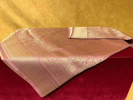 (DELIVERY IN 25-30 DAYS) ONION COLOUR BANARASI BROCADE SAREE HIGHLIGHTED WITH ZARI WEAVE