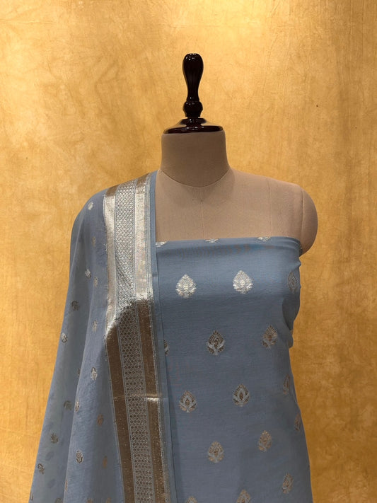 (DELIVERY IN 20-25 DAYS) GREY COLOUR UNSTITCHED CHANDERI SUIT WITH ZARI WEAVE