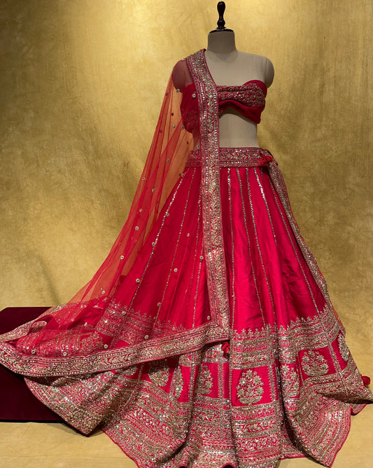 (DELIVERY IN 25 DAYS) HOT PINK COLOUR PURE SILK HAND EMBROIDERED ZARDOZI AARI WORK LEHENGA