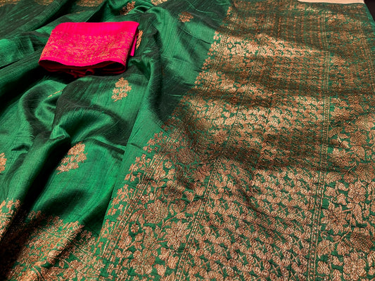 BOTTLE GREEN COLOUR RAW SILK SAREE WITH ANTIQUE ZARI WEAVE & CONTRAST BLOUSE
