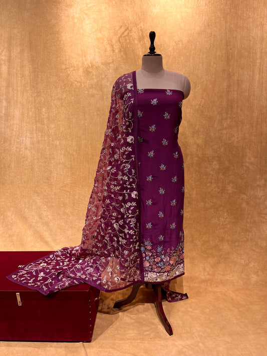 VIOLET PURPLE COLOUR UNSTITCHED PURE CREPE SILK SUIT EMBELLISHED WITH RESHAM EMBROIDERED ORGANZA DUPATTA