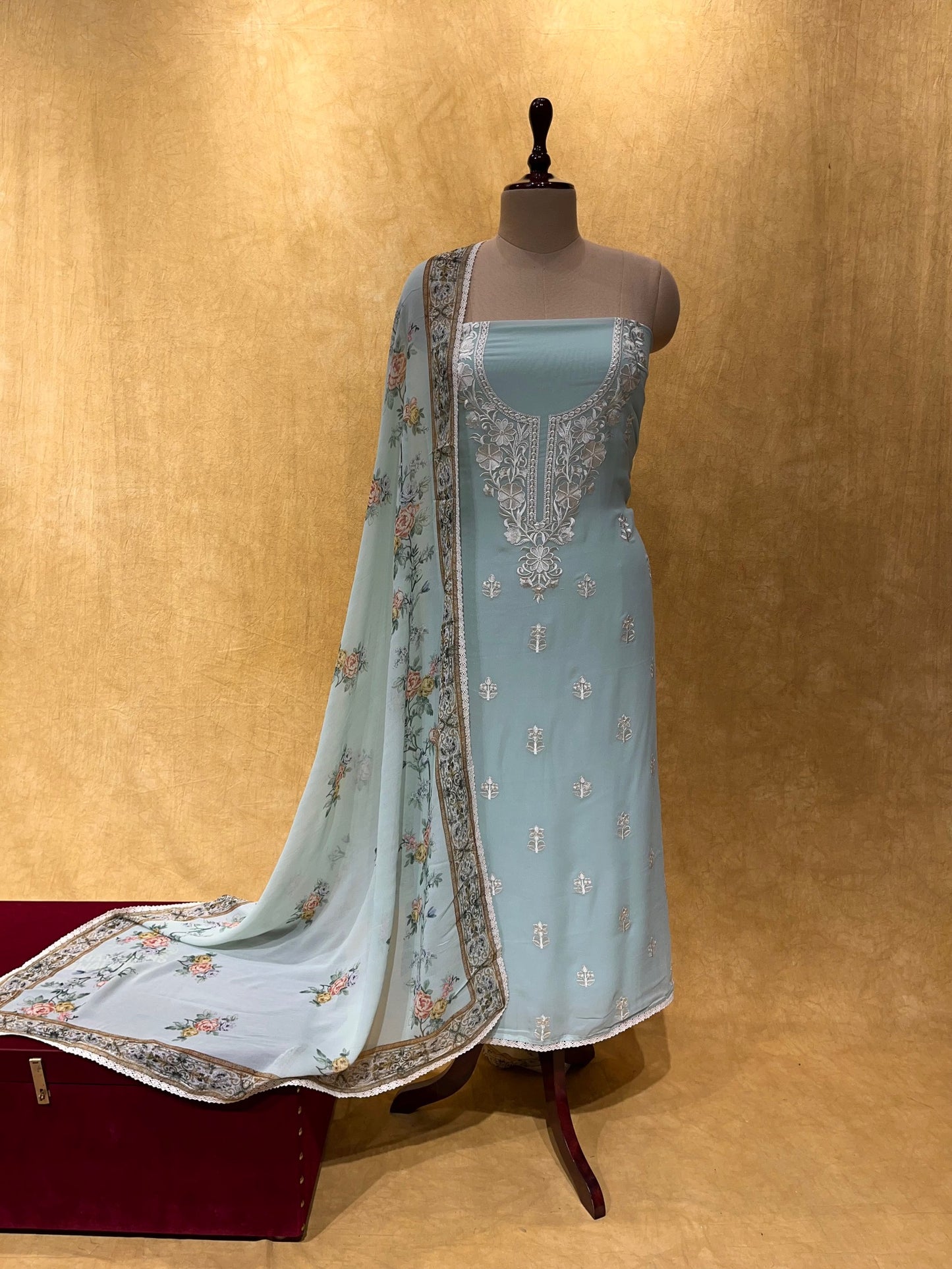 PASTEL BLUE PURE GEORGETTE UNSTITCHED SUIT EMBELLISHED WITH RESHAM EMBROIDERED WORK