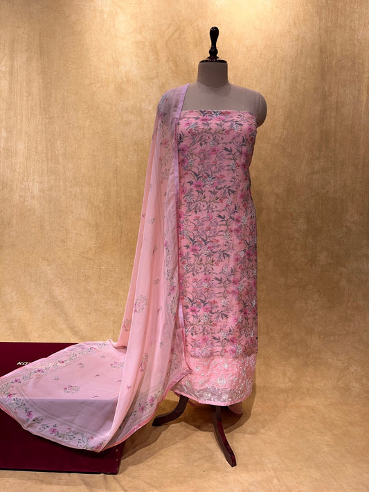 PINK COLOUR UNSTITCHED ORGANZA SUIT EMBELLISHED WITH RESHAM WORK