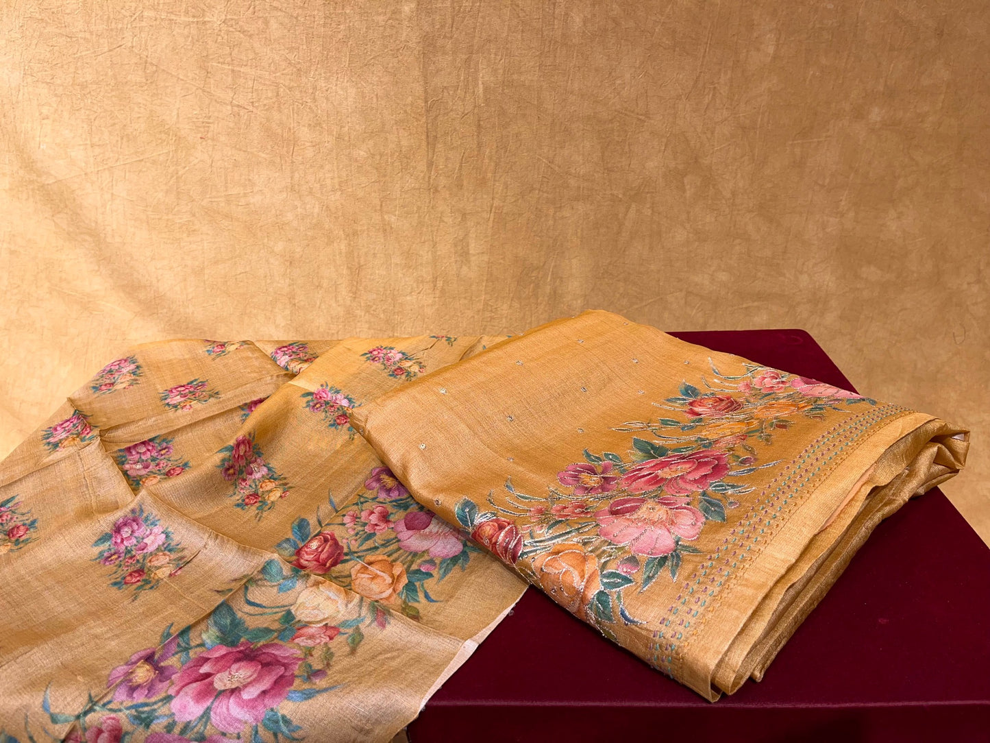 (DELIVERY IN 30 DAYS) RUST YELLOW COLOUR UNSTITCHED PURE TUSSAR SILK SUIT HIGHLIGHTED WITH KASAB WORK
