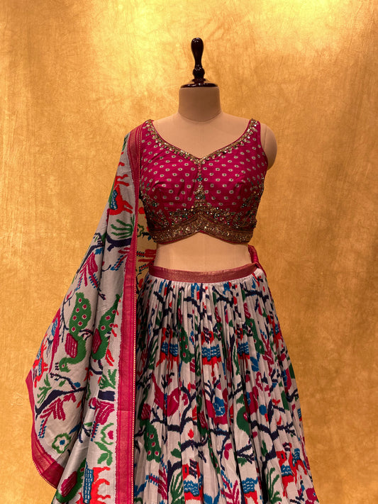 0BRIDESMAIDS READYMADE GREY COLOR PATOLA PRINTED LEHENGA WITH CUTDANA EMBROIDERED CROP TOP BLOUSE