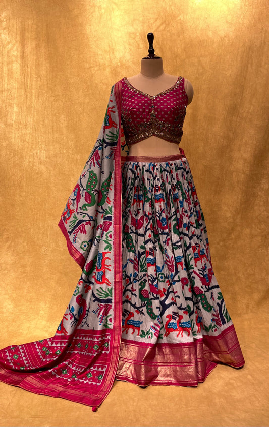 0BRIDESMAIDS READYMADE GREY COLOR PATOLA PRINTED LEHENGA WITH CUTDANA EMBROIDERED CROP TOP BLOUSE
