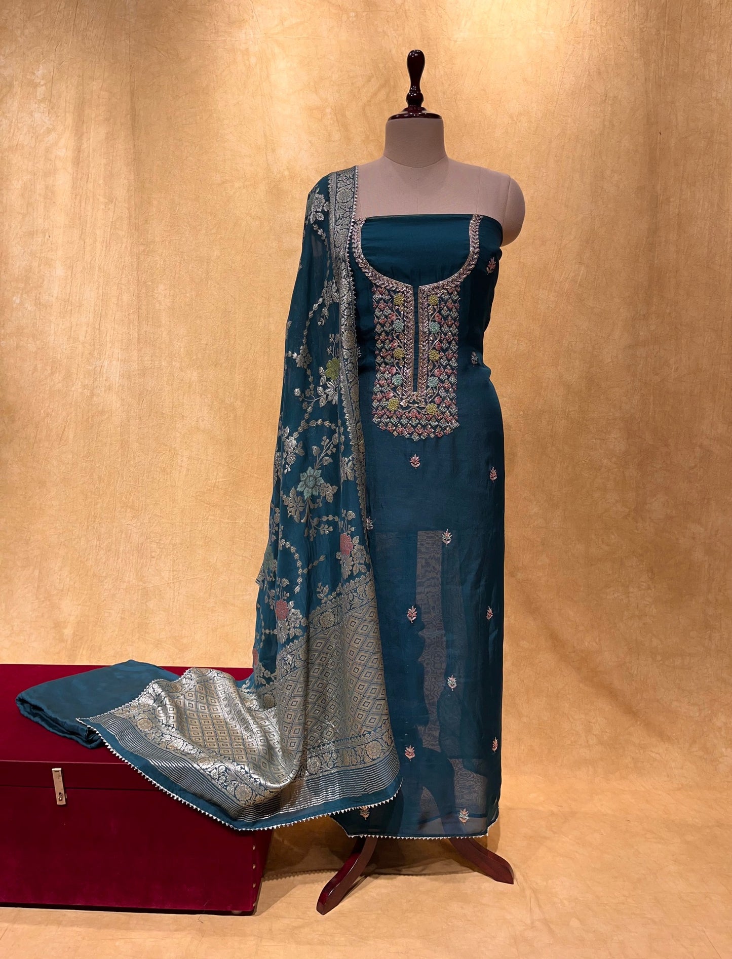 TEAL BLUE COLOUR UNSTITCHED ORGANZA SUIT EMBELLISHED WITH ZARDOZI WORK