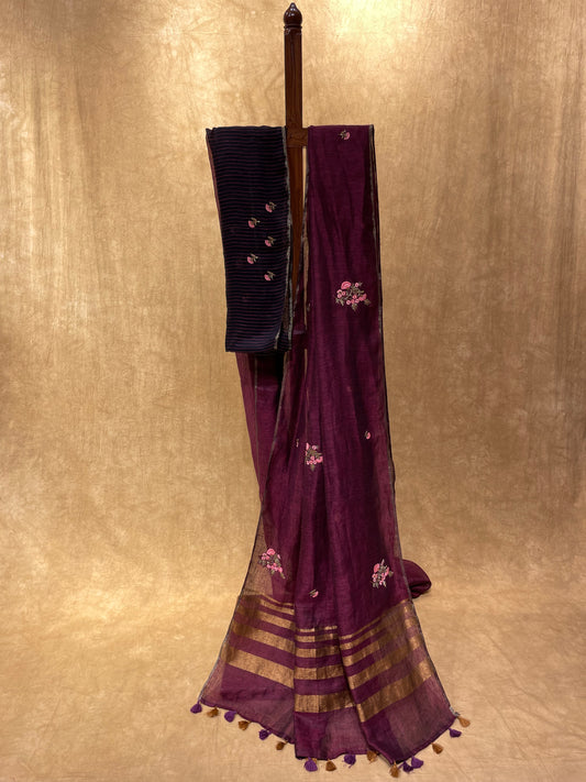 WINE COLOUR LINEN SAREE WITH HAND EMBROIDERED BOOTA