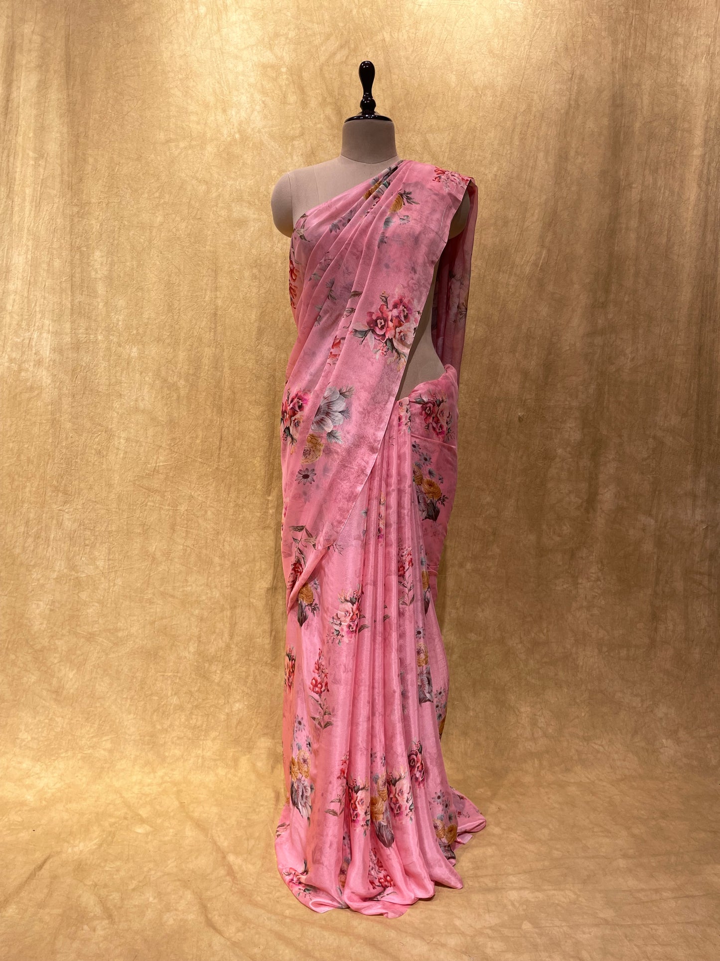 (DELIVERY IN 30 DAYS) PINK COLOUR FLORAL PRINTED FRENCH CREPE SAREE