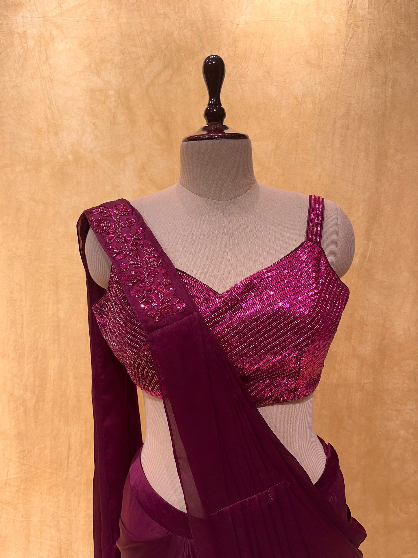 WINE COLOUR SATIN SILK READYMADE SAREE EMBELLISHED WITH SEQUINS WORK