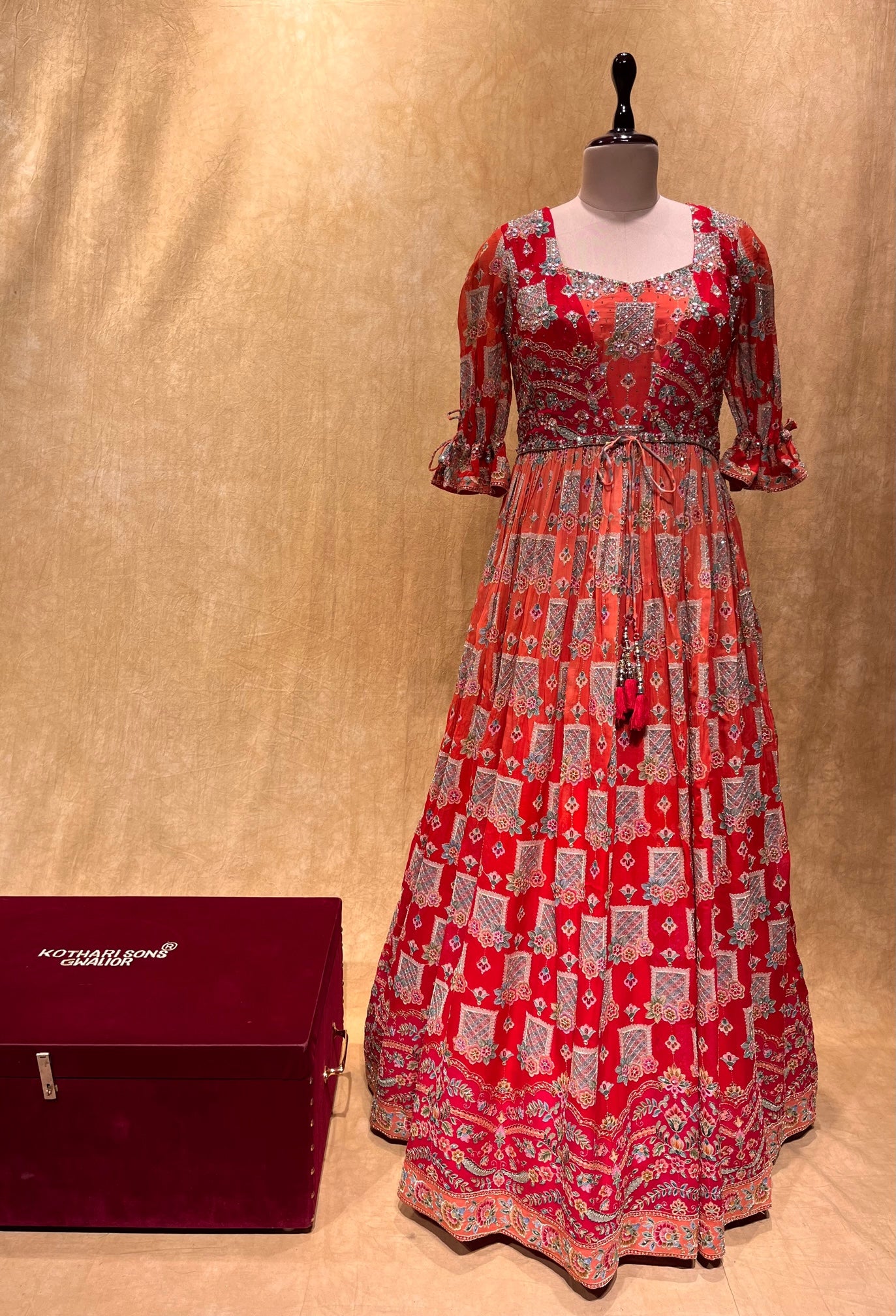 (DELIVERY IN 20-25 DAYS) ORANGE SHADED GEORGETTE GOWN EMBELLISHED WITH AARI & SEQUINS WORK