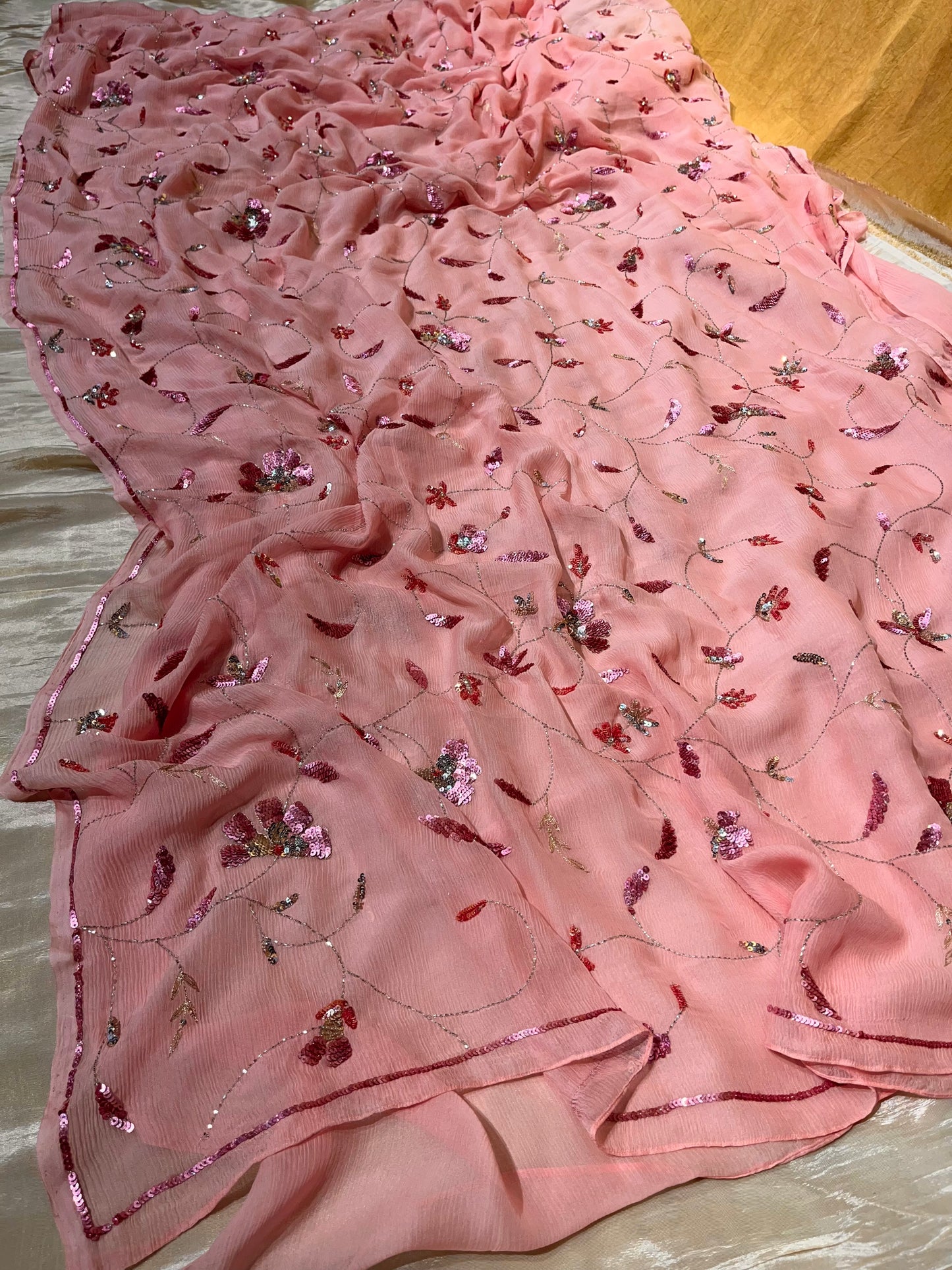 (DELIVERY IN 30 DAYS) PEACH COLOUR PURE CHIFFON EMBROIDERY SAREE WITH SEQUINS WORK