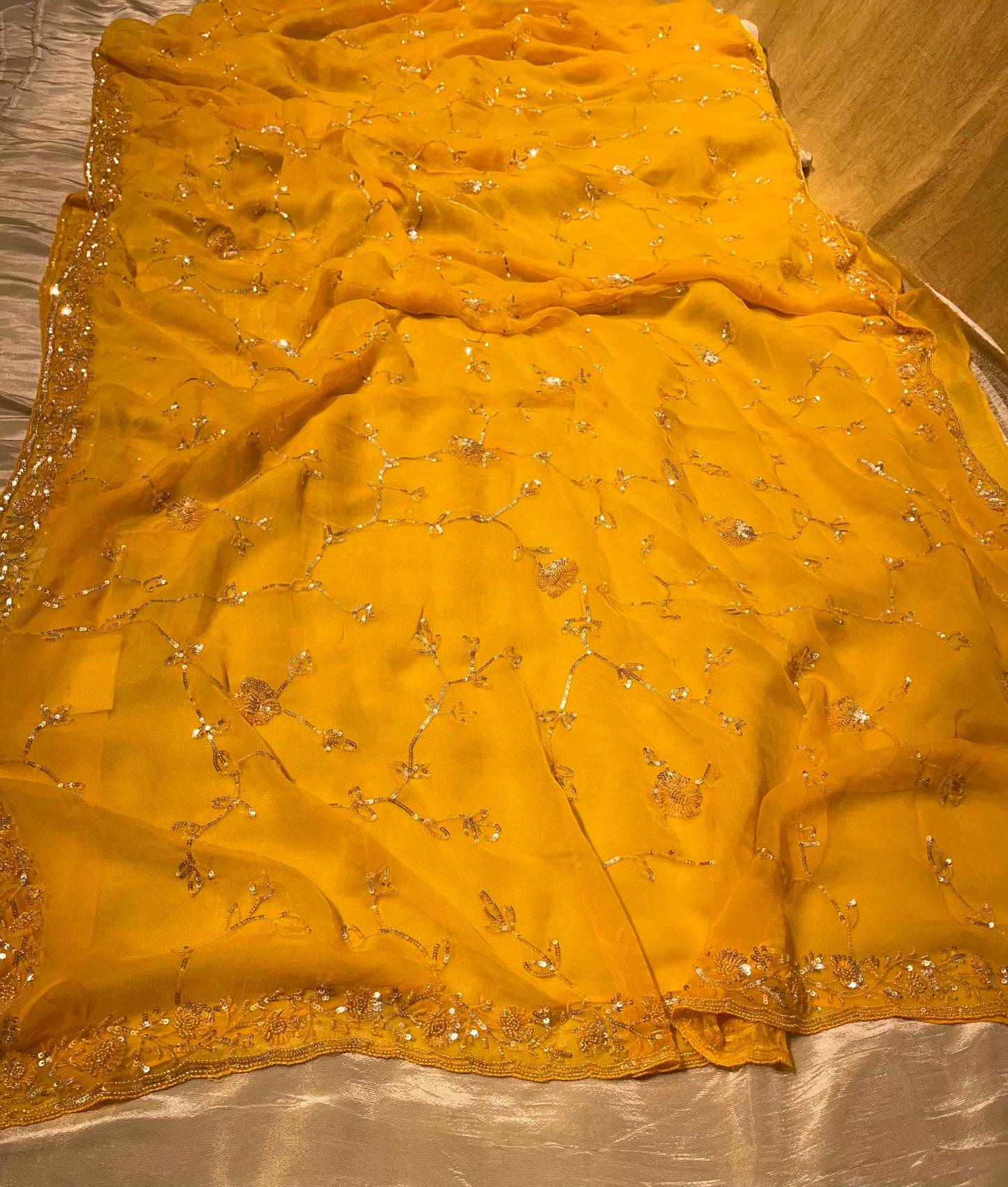 ( DELIVERY IN 25 DAYS ) MUSTARD COLOUR PURE CHIFFON EMBROIDERY SAREE WITH SEQUINS & BEADS WORK