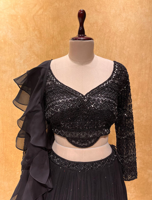 BRIDESMAIDS READYMADE BLACK COLOUR GEORGETTE LEHENGA FOR COCKTAIL PARTY WITH CROP TOP  FULL SLEEVES HAND EMBROIDERED BLOUSE & RUFFLE DUPATTA
