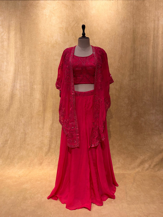 (DELIVERY IN 20-25 DAYS) HOT PINK COLOUR INDO-WESTERN DRESS EMBELLISHED WITH CUTDANA, MIRROR FOIL & RESHAM WORK