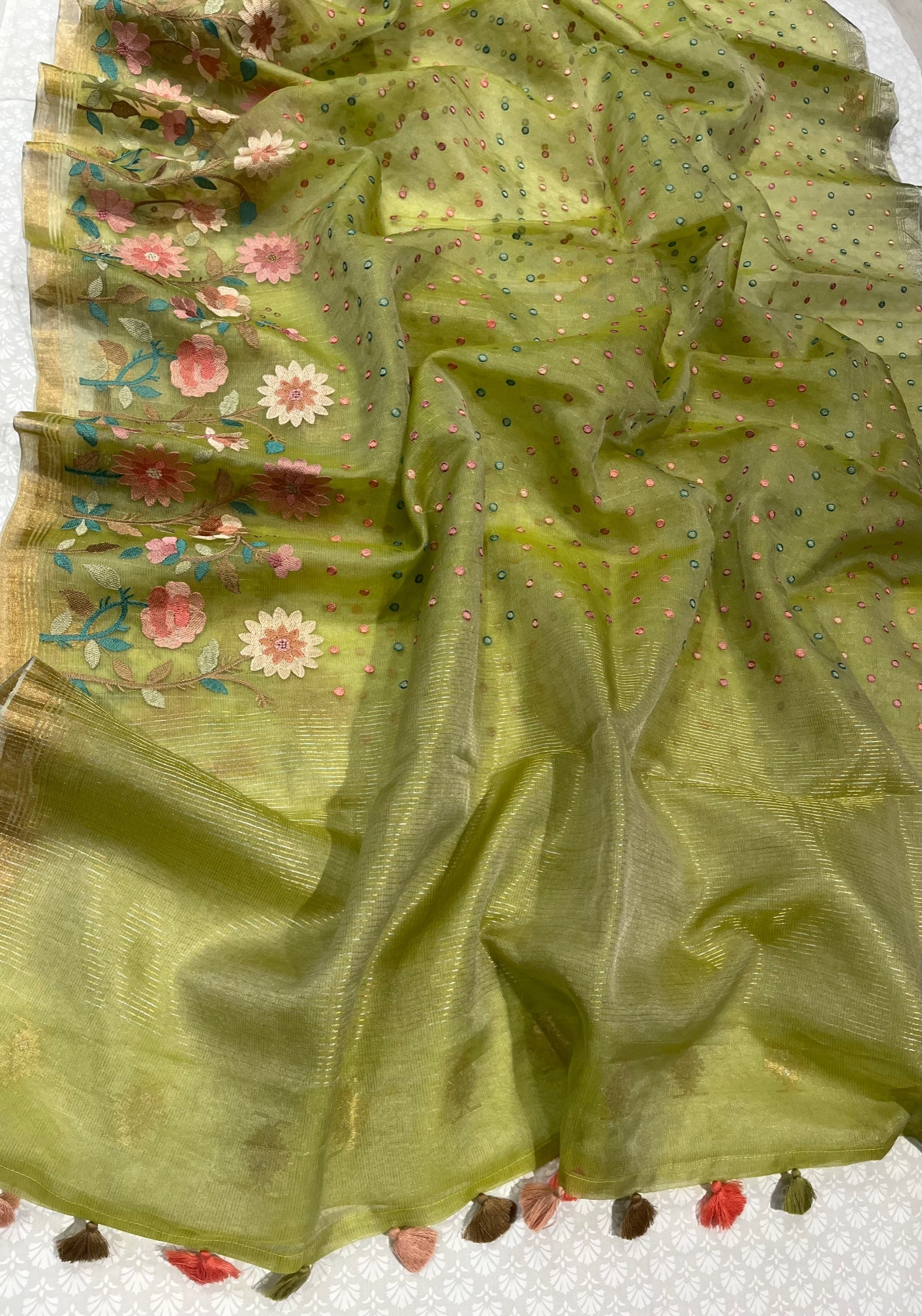 ( DELIVERY IN 25 DAYS ) PISTA GREEN COLOUR MAHESHWARI TISSUE SAREE EMBELLISHED WITH RESHAM EMBROIDERY