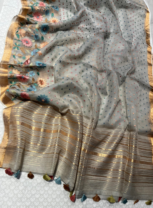 ( DELIVERY IN 25 DAYS ) GREY COLOUR MAHESHWARI TISSUE SAREE EMBELLISHED WITH RESHAM EMBROIDERY