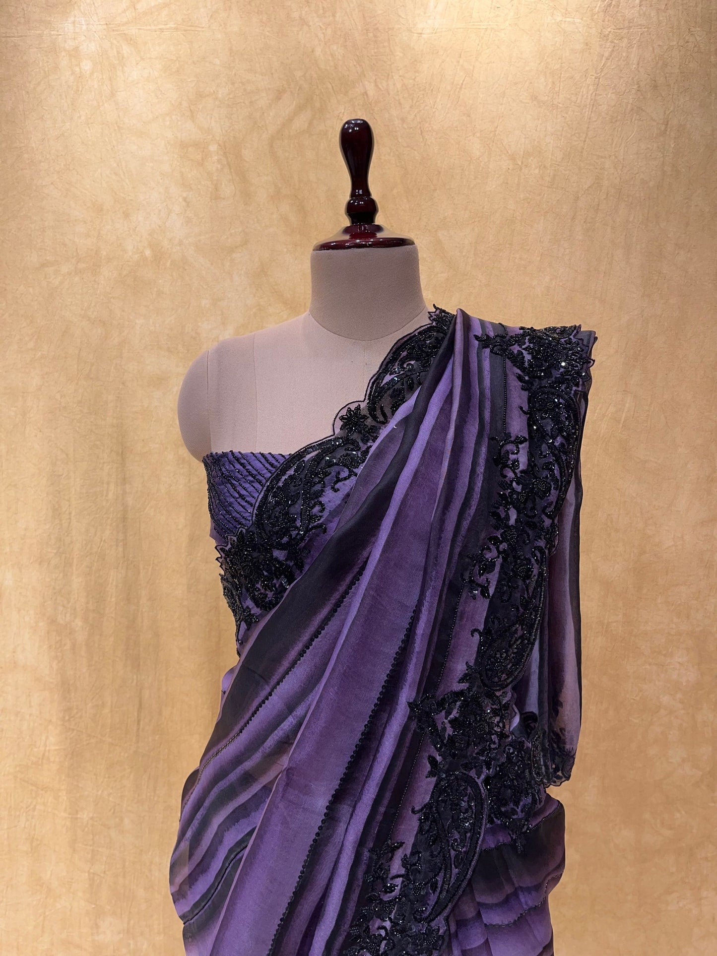 PURPLE & BLACK COLOUR ORGANZA SAREE EMBELLISHED WITH SEQUINS & CUTDANA WORK