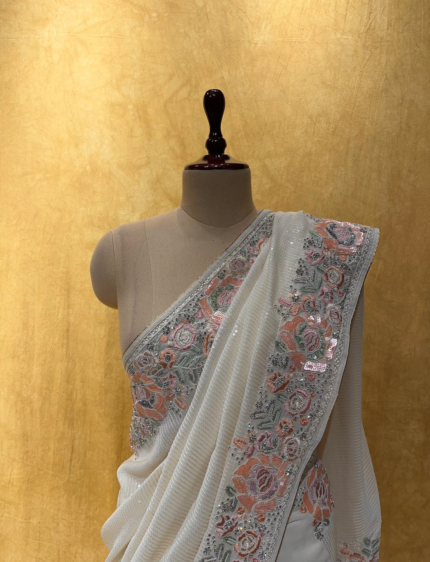 OFF WHITE COLOUR PURE GEORGETTE SAREE SEQUINS SAREE EMBELLISHED WITH RESHAM & STONE WORK