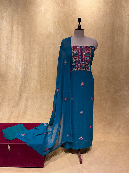 TEAL BLUE COLOUR UNSTITCHED GEORGETTE SUIT EMBELLISHED WITH FRENCH NOTE EMBROIDERY