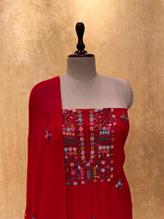 RED COLOUR UNSTITCHED GEORGETTE SUIT EMBELLISHED WITH FRENCH KNOT EMBROIDERY