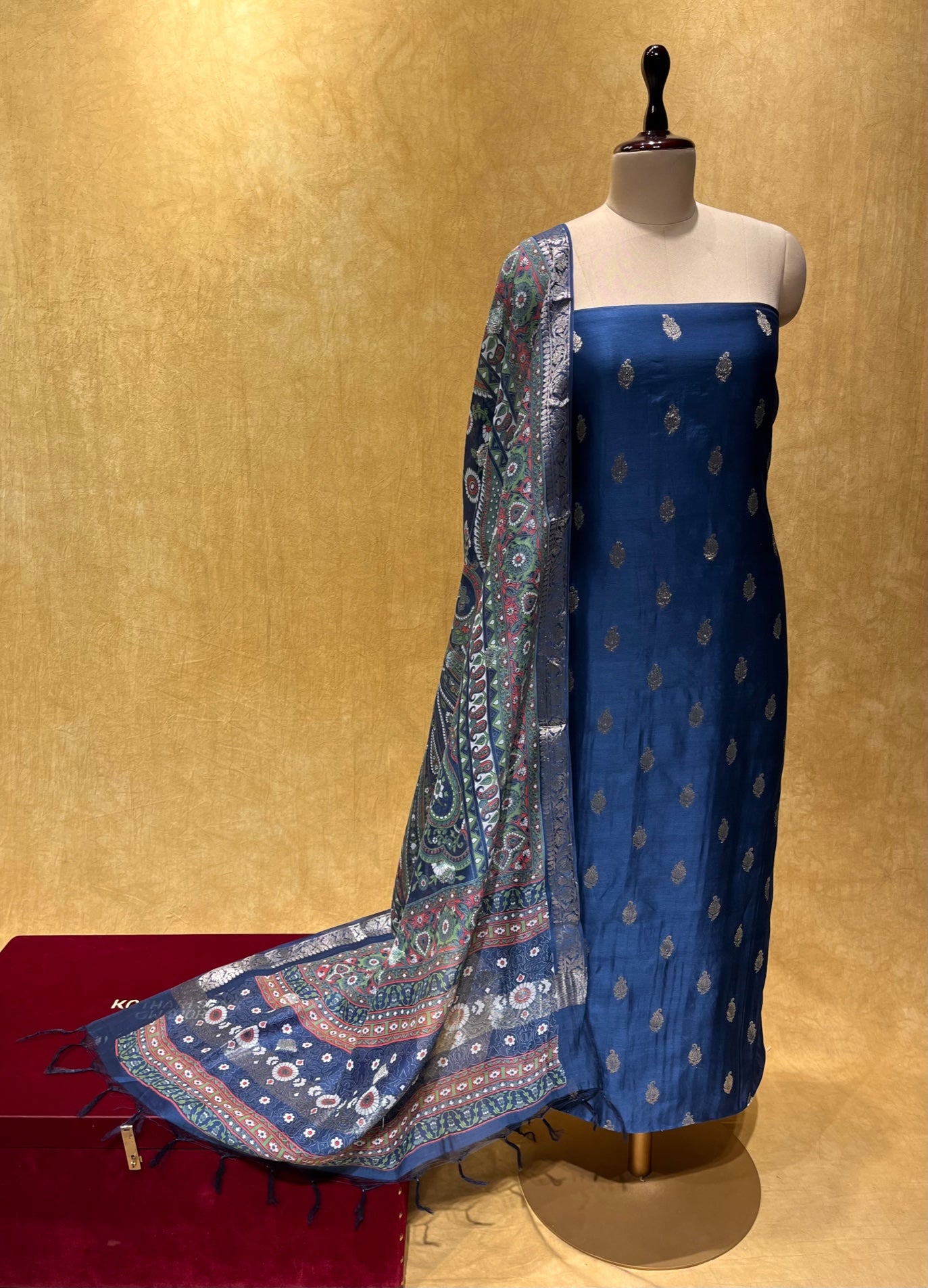 (DELIVERY IN 20-25 DAYS) BLUE COLOUR CHANDERI UNSTITCHED SUIT EMBELLISHED WITH ZARI WEAVES