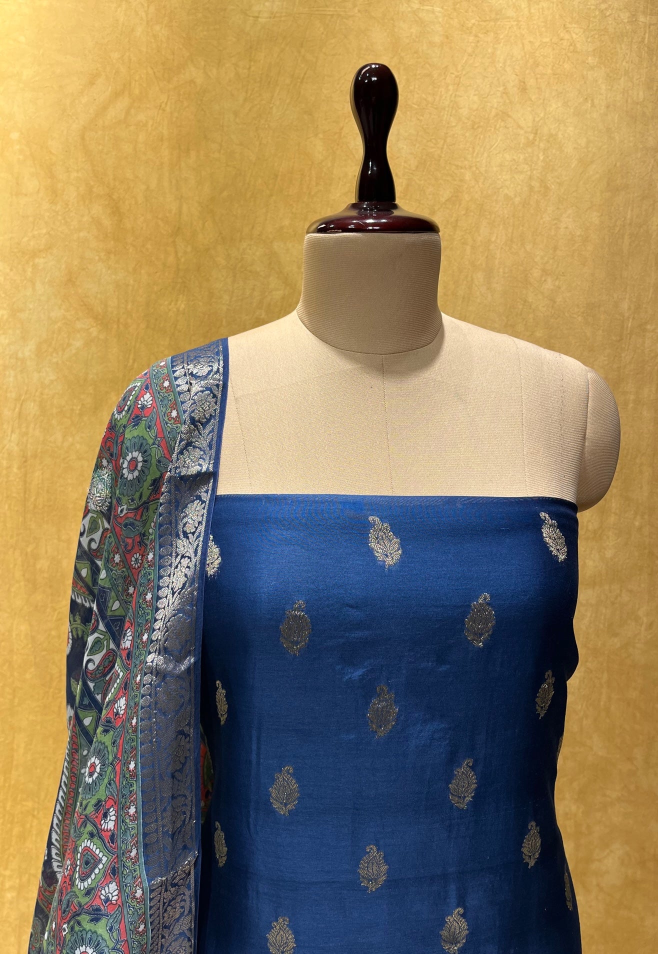 (DELIVERY IN 20-25 DAYS) BLUE COLOUR CHANDERI UNSTITCHED SUIT EMBELLISHED WITH ZARI WEAVES