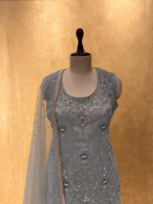 GREY COLOUR SHARARA SUIT IN NET EMBELLISHED WITH BEADS & RESHAM WORK