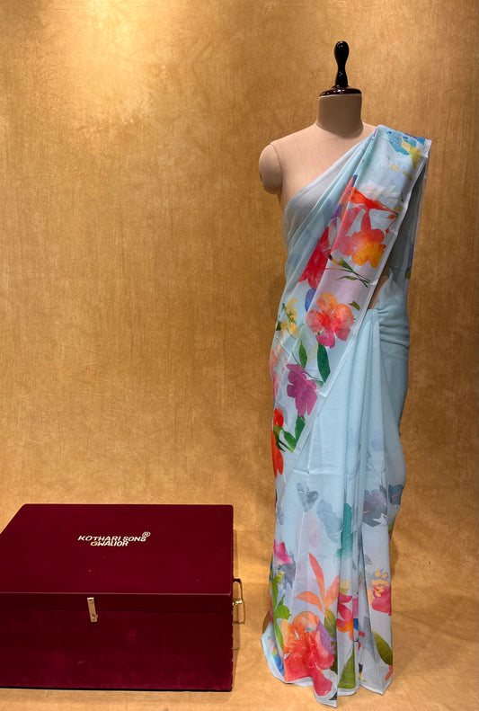 (DELIVERY IN 20-25 DAYS) AQUA COLOUR PURE CHIFFON PRINTED SAREE