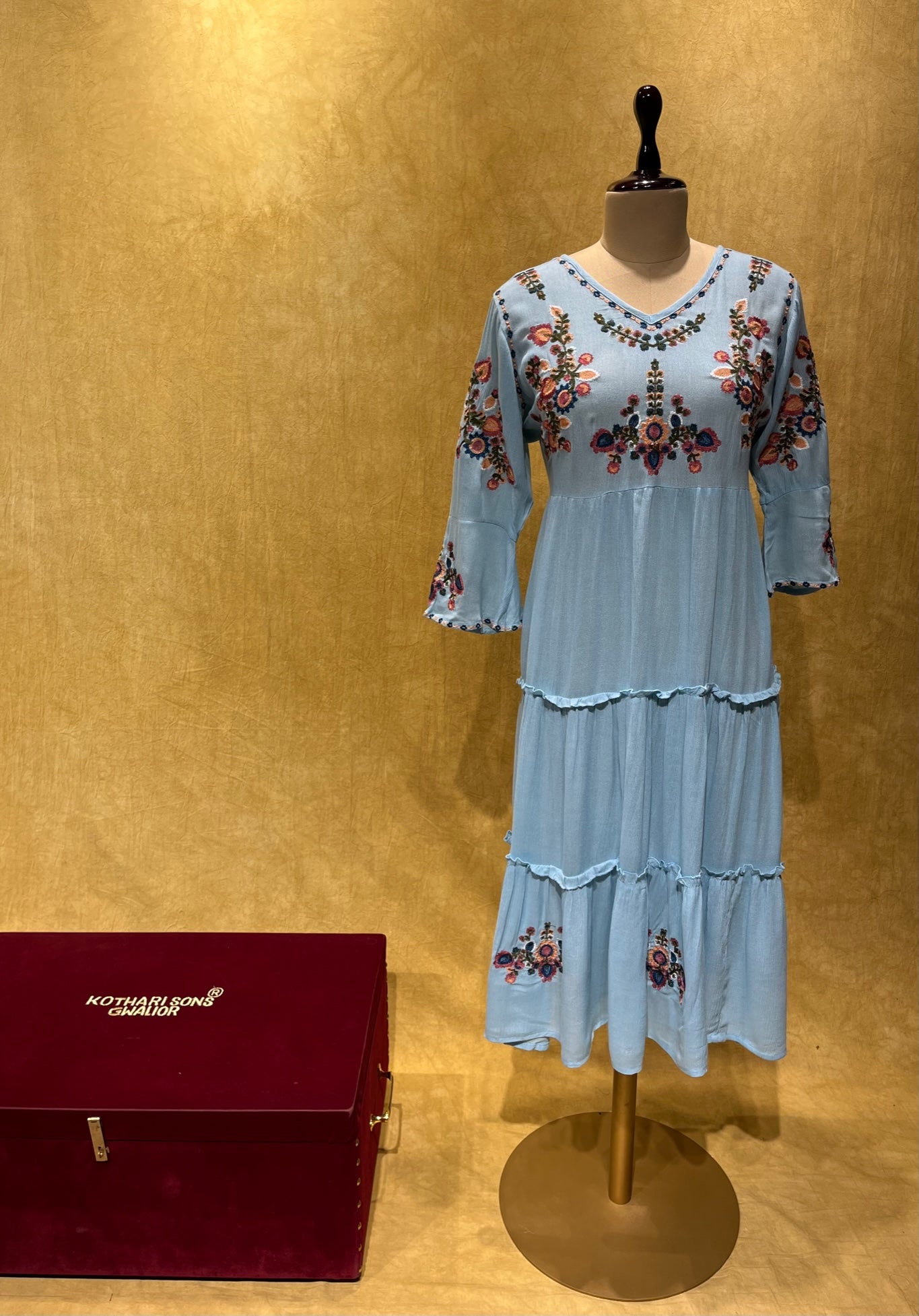 POWDER BLUE COLOUR RAYON EMBROIDERED DRESS