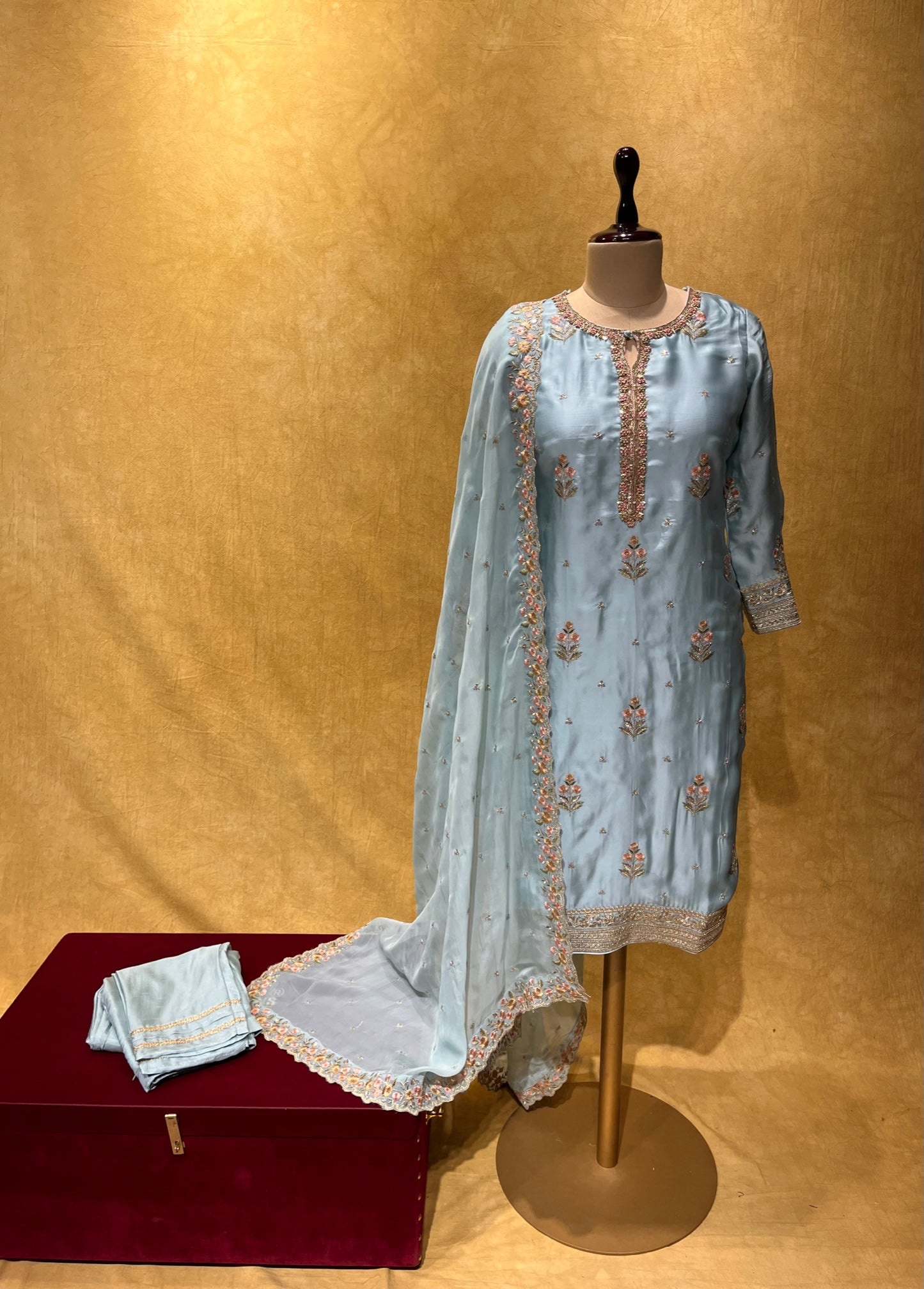 POWDER BLUE SILK READYMADE SUIT WITH EMBROIDERED ORGANZA DUPATTA EMBELLISHED WITH RESHAM & SEQUINS WORK