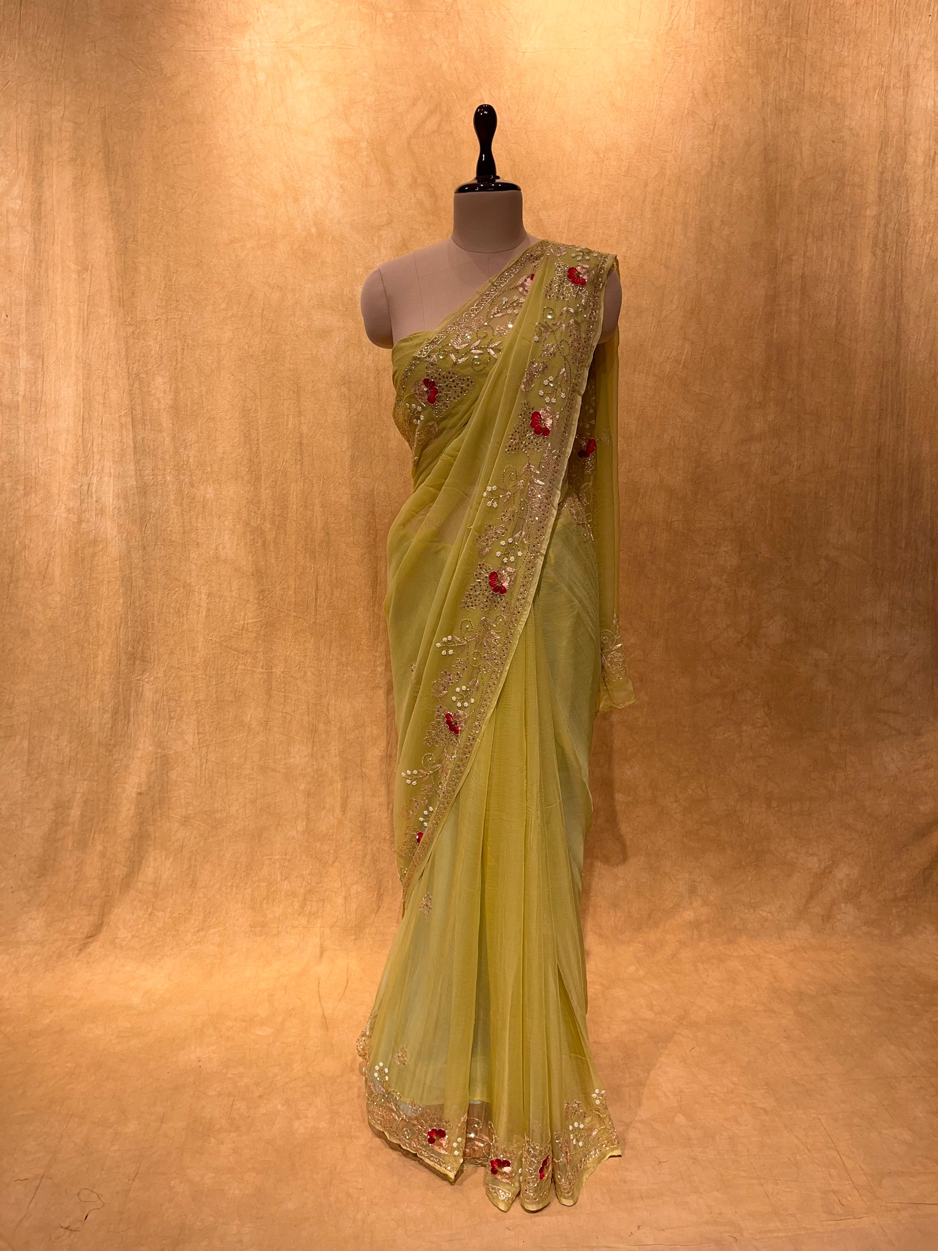 Parrot Green Chiffon Saree with Flower Print - Send Gifts and Money to  Nepal Online from www.muncha.com