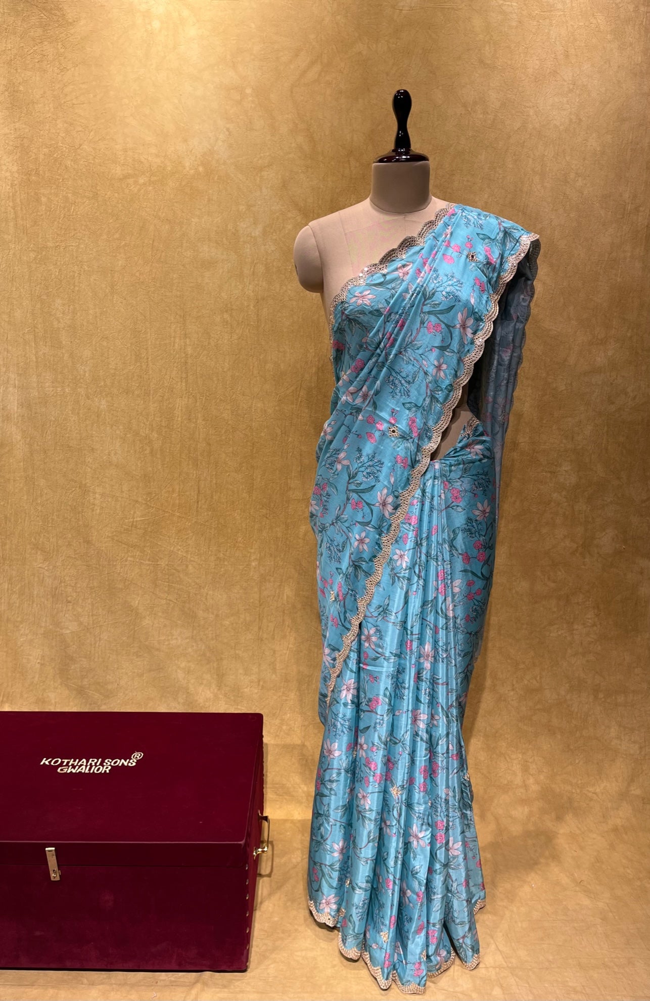 SKY BLUE PRINTED MUSLIN SILK SAREE EMBELLISHED WITH MIRROR FOIL WORK