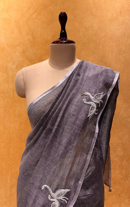 GREY COLOUR LINEN HAND EMBROIDERED SAREE EMBELLISHED WITH ZARDOZI WORK