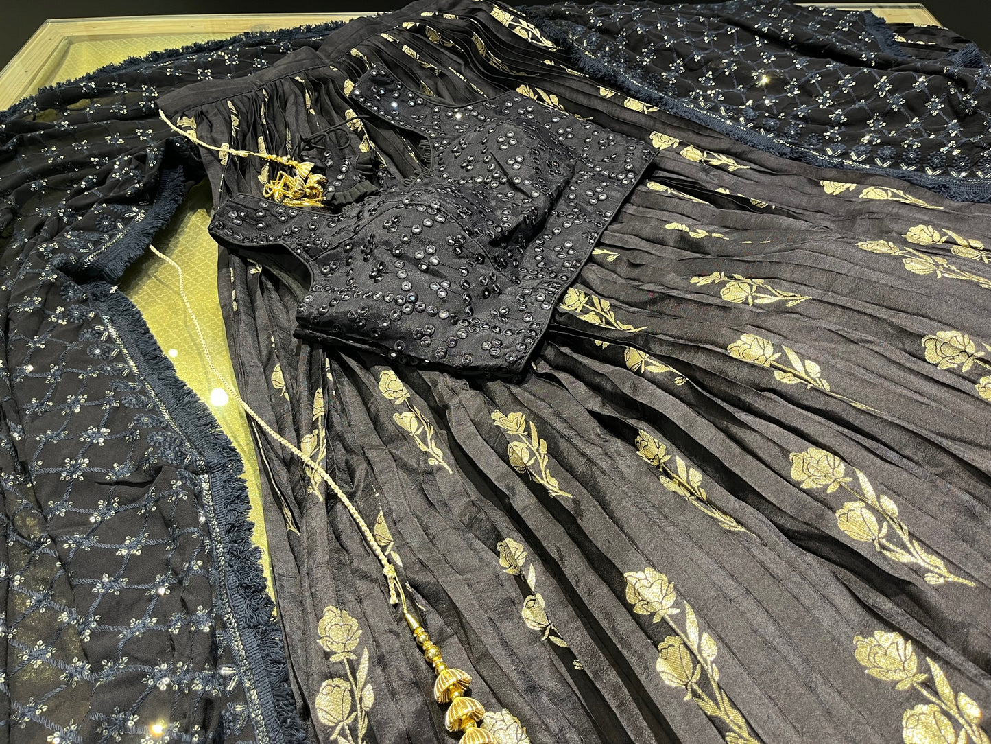 (DELIVERY IN 30 DAYS) BRIDESMAIDS READYMADE BLACK COLOUR SILK LEHENGA EMBELLISHED WITH MIRROR FOIL WORK CROP TOP  BLOUSE & SEQUINS GEORGETTE DUPATTA