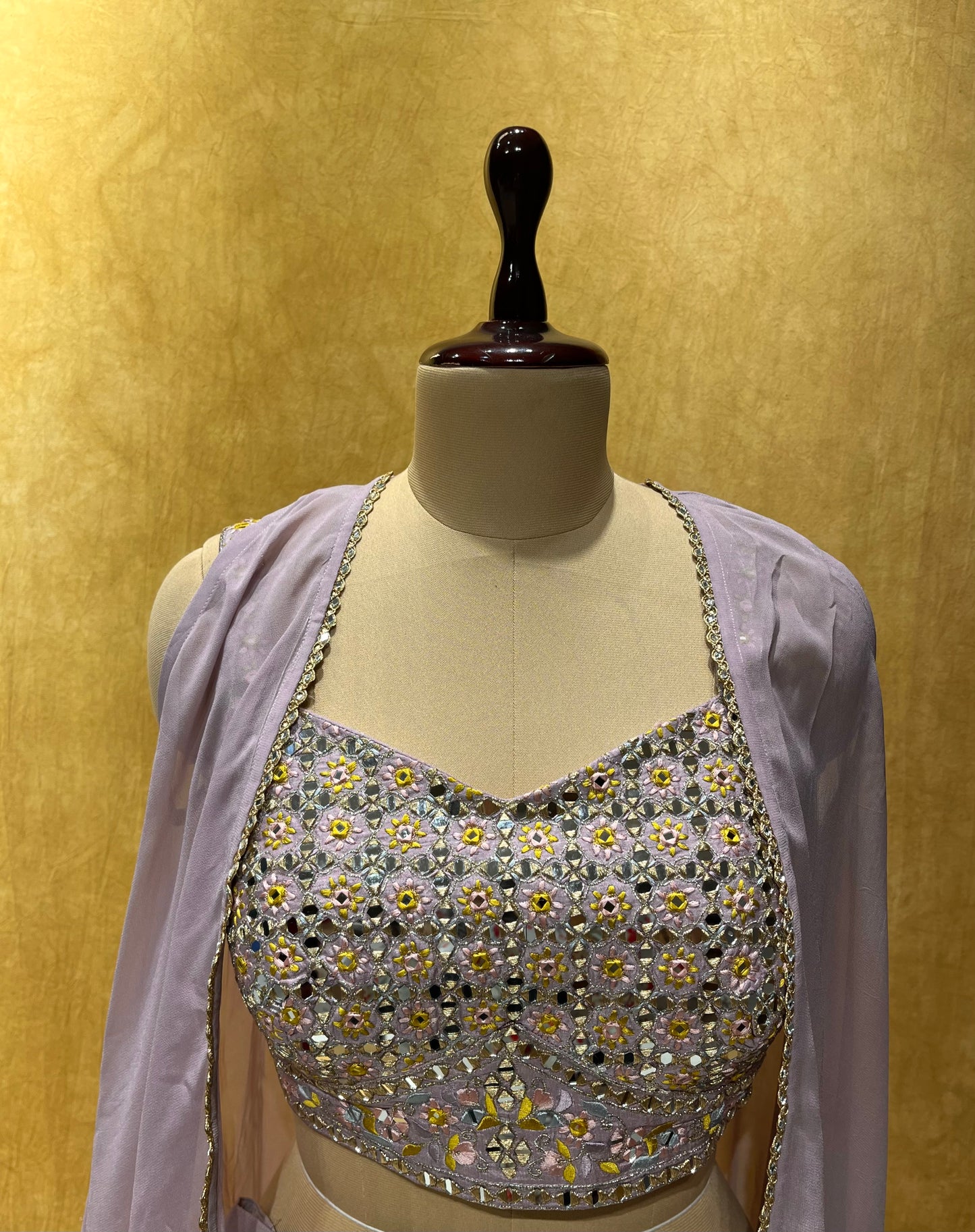 (DELIVERY IN 20-25 DAYS) MULTI COLOUR GEORGETTE PALAZZO WITH CROP TOP & SHRUG EMBELLISHED WITH MIRROR & SEQUINS WORK